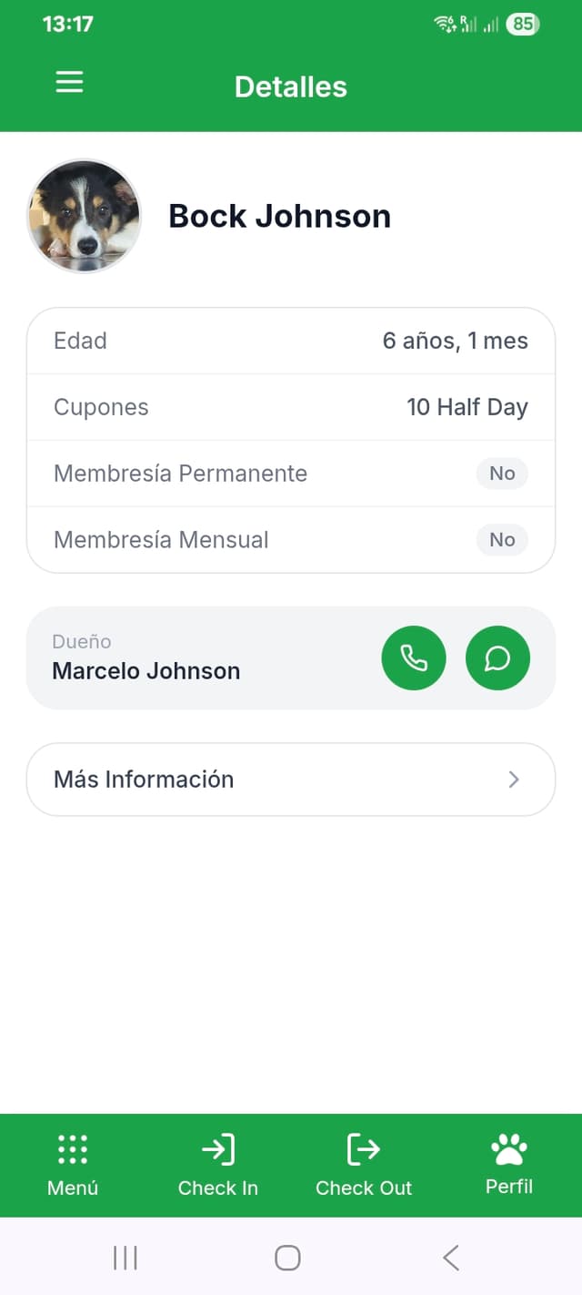 Detalles del perfil del perro con membresías y cupones en Bockland